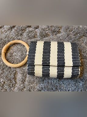 a new day Black & Cream Striped Woven Clutch with Circular Handle